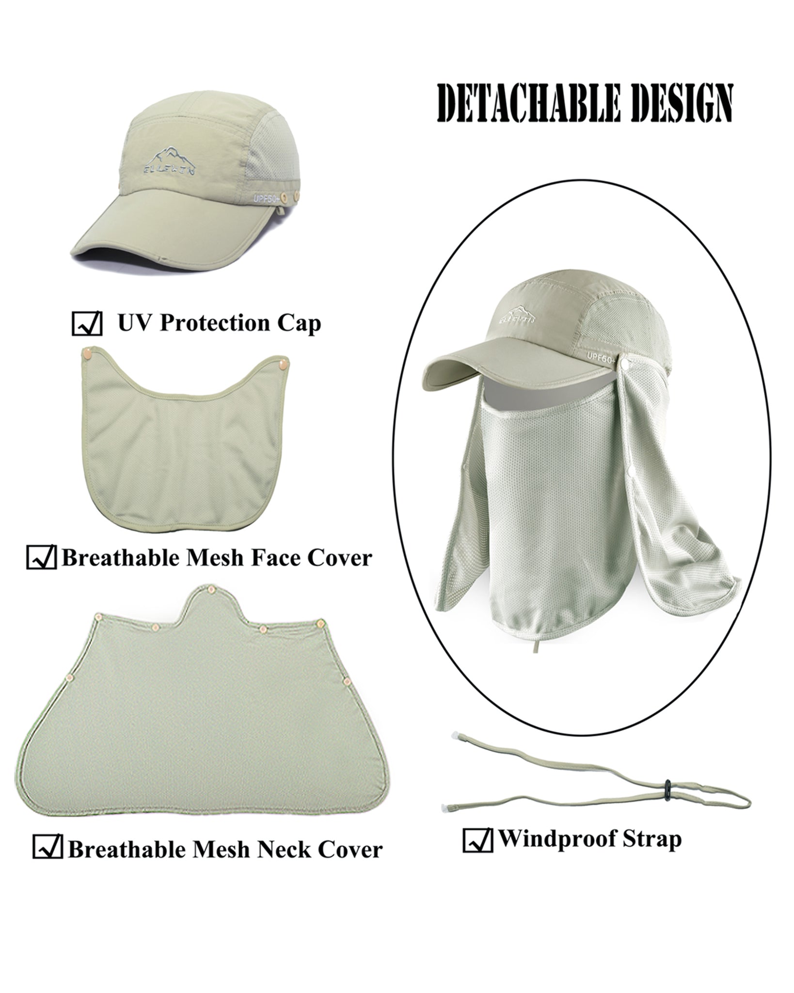 ELLEWIN Foldable 3-Panel Bill Baseball Cap with Face Neck Cover UPF 50+